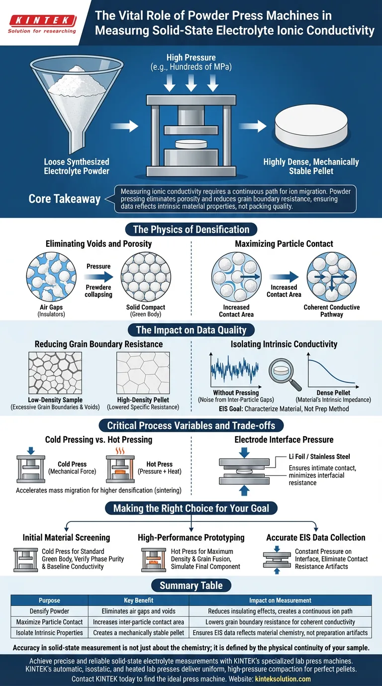 固相電解質のイオン伝導度測定において、粉末プレス機を使用する目的は何ですか？正確なEISデータを確保する ビジュアルガイド