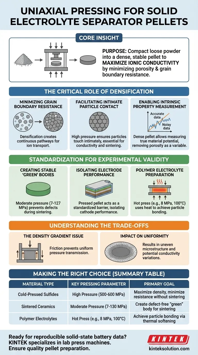 Qual è lo scopo dell'utilizzo di una pressa uniaxiale per preparare pellet di elettrolita solido separatore? Ottenere campioni densi e standardizzati per test affidabili sulle batterie Guida Visiva