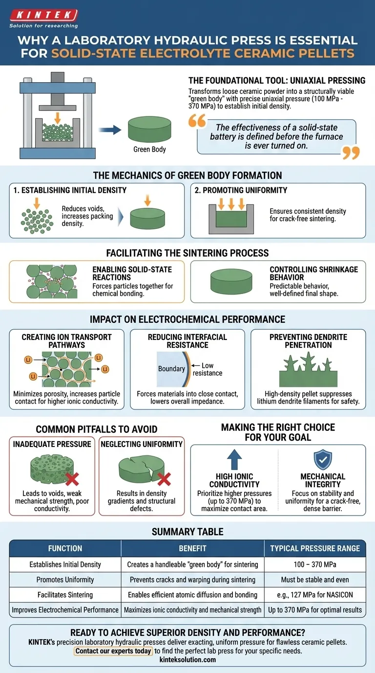 Por que uma prensa hidráulica de laboratório é usada para prensagem uniaxial antes da sinterização de pastilhas de cerâmica de eletrólito de estado sólido? Essencial para Condutividade Iônica e Resistência Mecânica Guia Visual