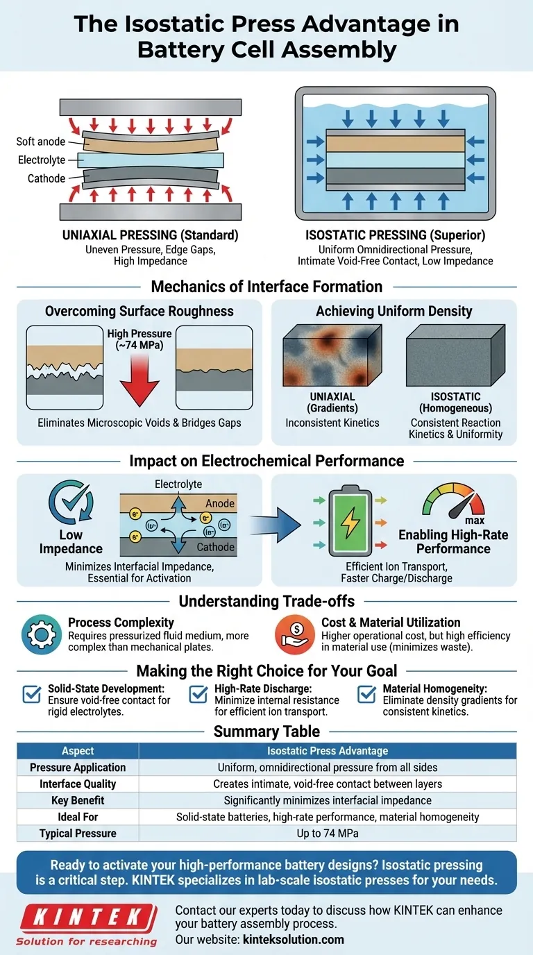 Qual é a vantagem de usar uma prensa isostática para aplicar alta pressão durante a montagem de células de bateria? Alcançar interfaces uniformes e sem vazios Guia Visual