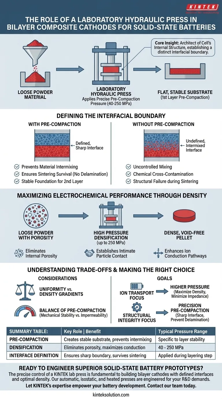 Qual è il ruolo di una pressa idraulica da laboratorio nella stratificazione delle polveri? Progettazione di catodi a doppio strato stabili per batterie a stato solido Guida Visiva