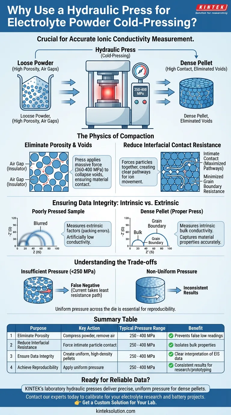 Qual è lo scopo dell'utilizzo di una pressa idraulica da laboratorio per la pressatura a freddo di elettroliti in polvere prima della misurazione della conducibilità? Garantire dati accurati sulla conducibilità ionica Guida Visiva