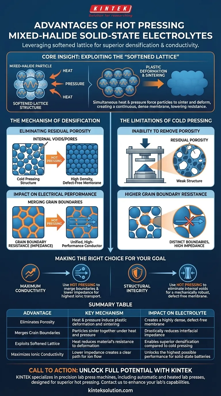 Quais são as vantagens específicas de usar prensagem a quente para formar eletrólitos de estado sólido de haleto misto? Alcançar Condutividade Iônica Superior Guia Visual