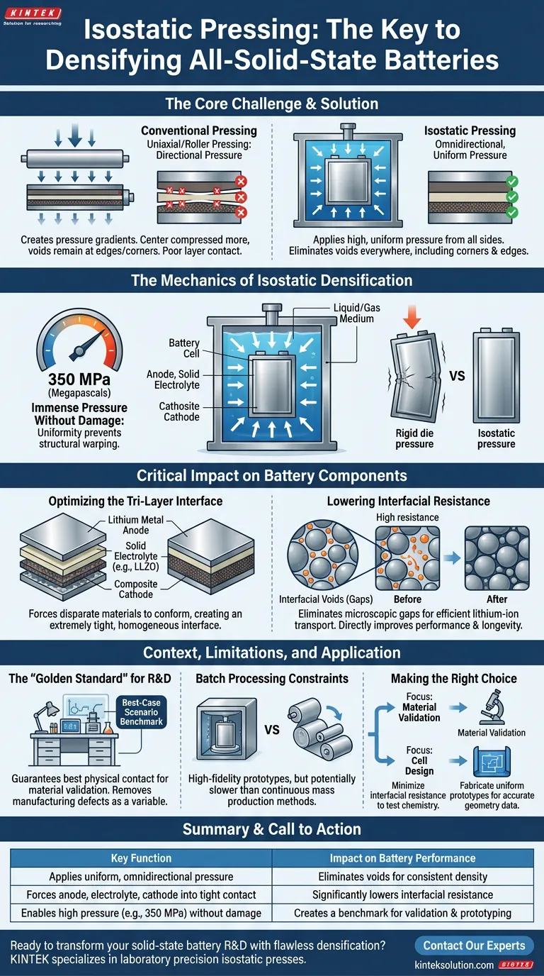 Qual é o papel específico de uma prensa isostática na densificação de baterias de estado sólido? Alcançar Contato Perfeito entre Camadas Guia Visual