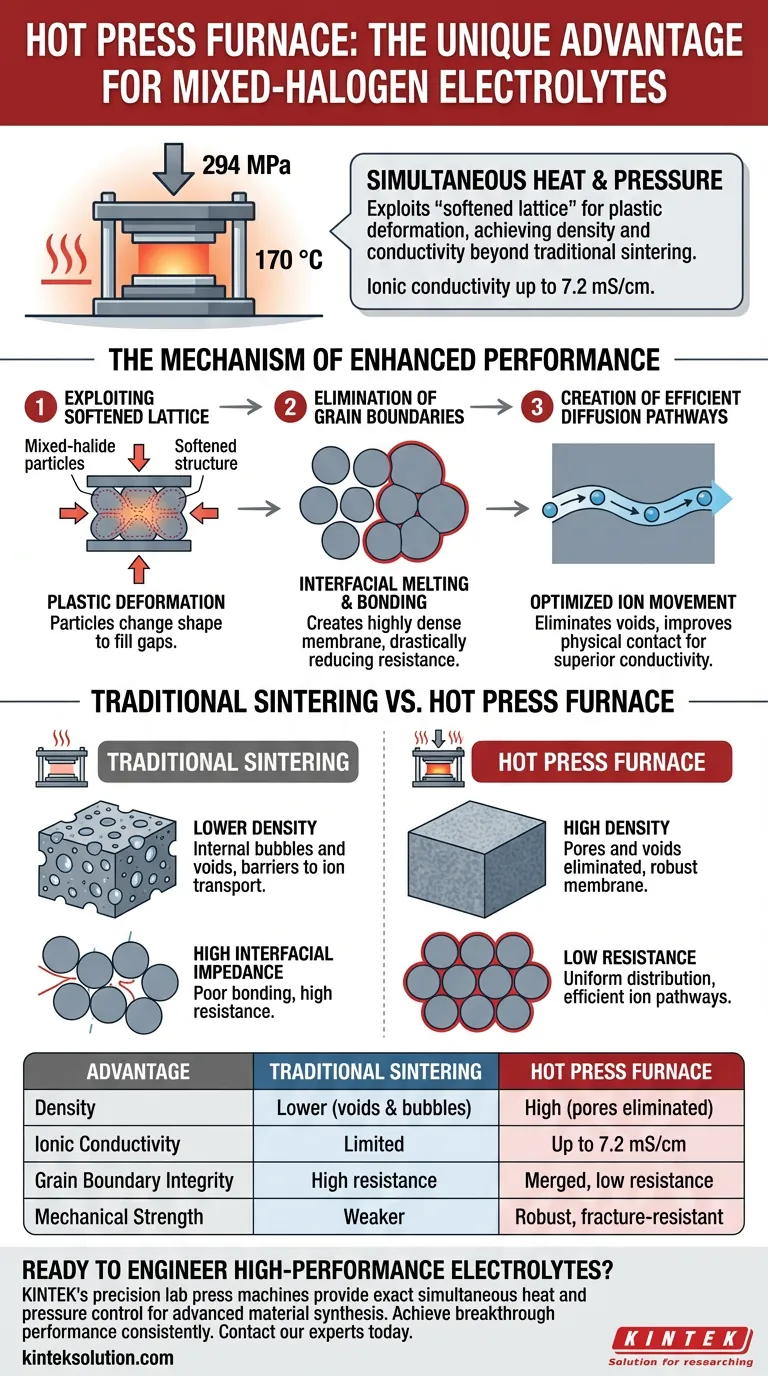 Qual é a vantagem única de um forno de prensagem a quente? Alcance Densidade e Condutividade Superiores na Síntese de Eletrólitos Guia Visual