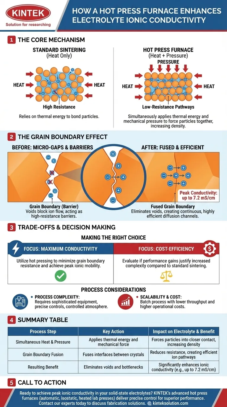 In che modo il processo all'interno di un forno a pressa a caldo migliora la conduttività ionica di alcuni materiali elettrolitici? Guida Visiva