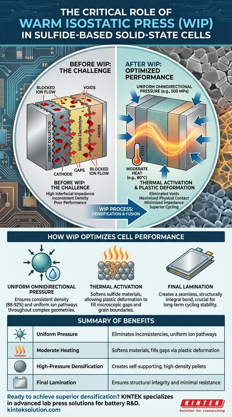 Qual é o papel fundamental de uma Prensa Isostática a Quente na preparação de células de estado sólido à base de sulfeto? Eliminar Voids & Maximizar o Desempenho Guia Visual