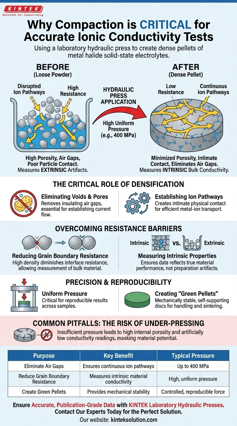 Perché è necessario utilizzare una pressa idraulica da laboratorio per gli elettroliti a stato solido? Garantire misurazioni accurate della conduttività ionica Guida Visiva