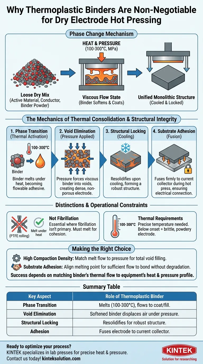 Por que os aglutinantes termoplásticos são necessários para a prensagem a quente de eletrodos secos? Desbloqueie a Produção de Eletrodos de Alta Densidade Guia Visual