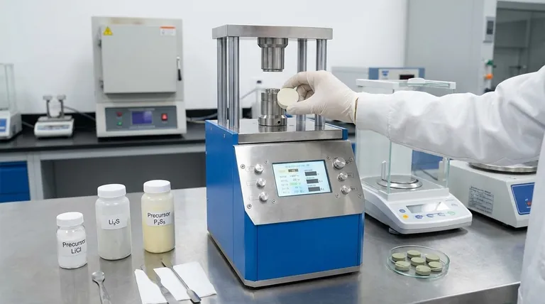 固相合成における実験室用プレス機の主な目的は何ですか？ 高いイオン伝導性を実現するための高密度電解質ペレットの作製