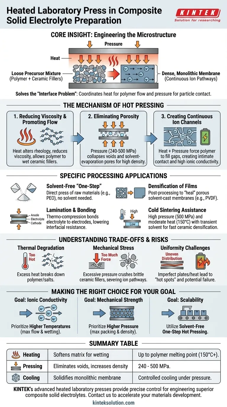 加熱された実験用プレスは、複合固体電解質の準備にどのように使用されますか？高密度で導電性の膜をエンジニアリングする ビジュアルガイド