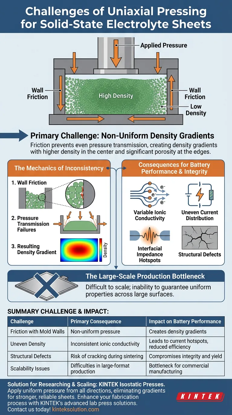 Quali sono le principali sfide nell'utilizzo di una pressa uniassiale per la fabbricazione di fogli di elettrolita allo stato solido? Superare i gradienti di densità per batterie migliori Guida Visiva