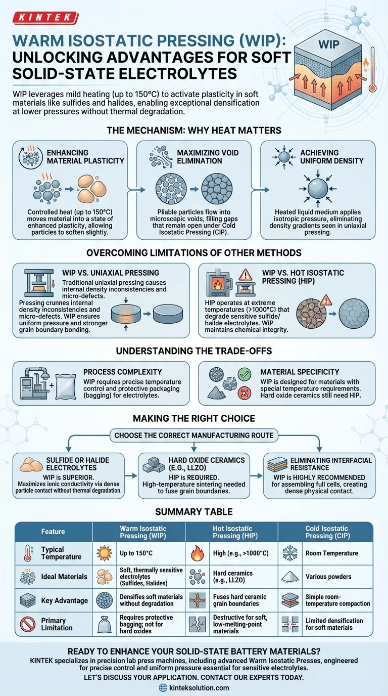 Quali sono i vantaggi unici della pressatura isostatica a caldo (WIP) per la lavorazione di elettroliti allo stato solido più morbidi come solfuri o alogenuri? Ottenere una densificazione superiore senza degradazione termica Guida Visiva