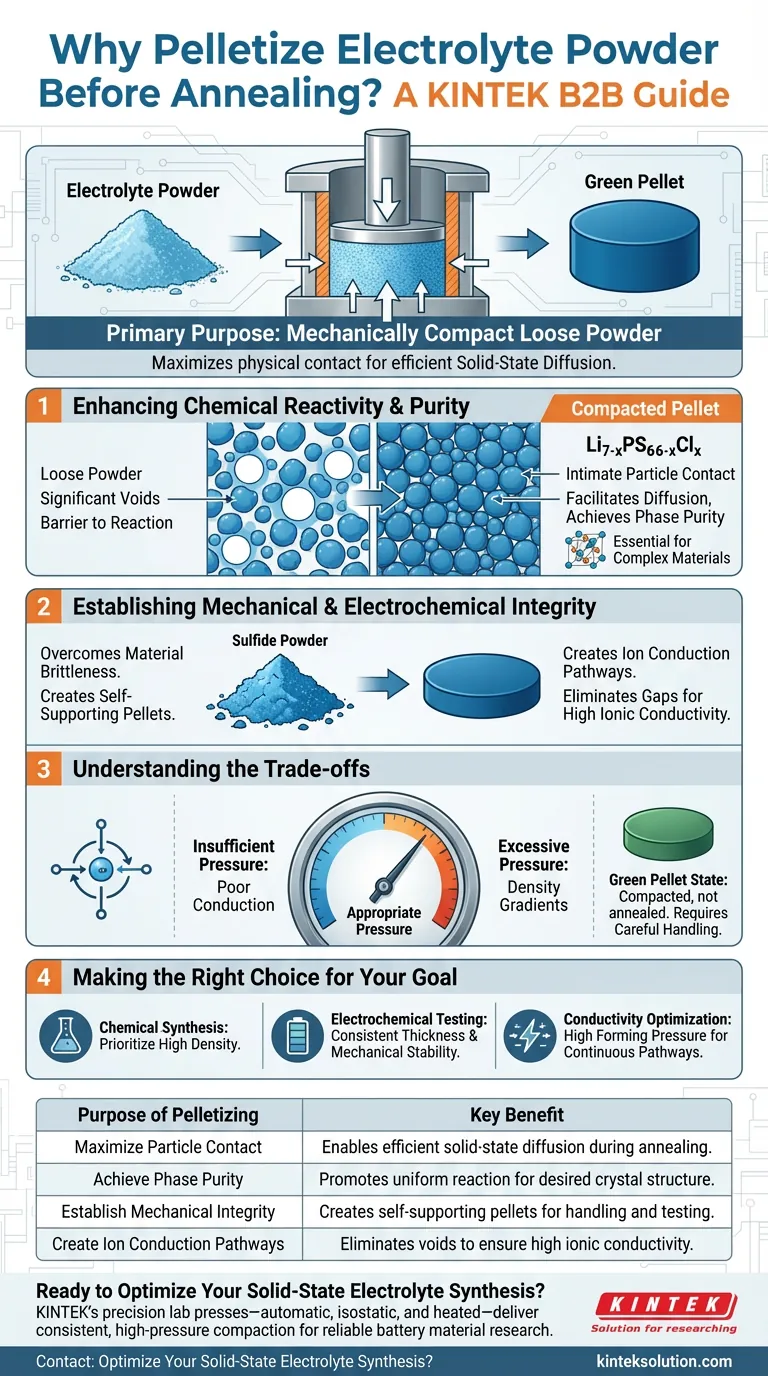 Qual è lo scopo dell'utilizzo di una pressa da laboratorio per pellettizzare la polvere di elettrolita prima della ricottura? Garantire una sintesi efficiente allo stato solido Guida Visiva