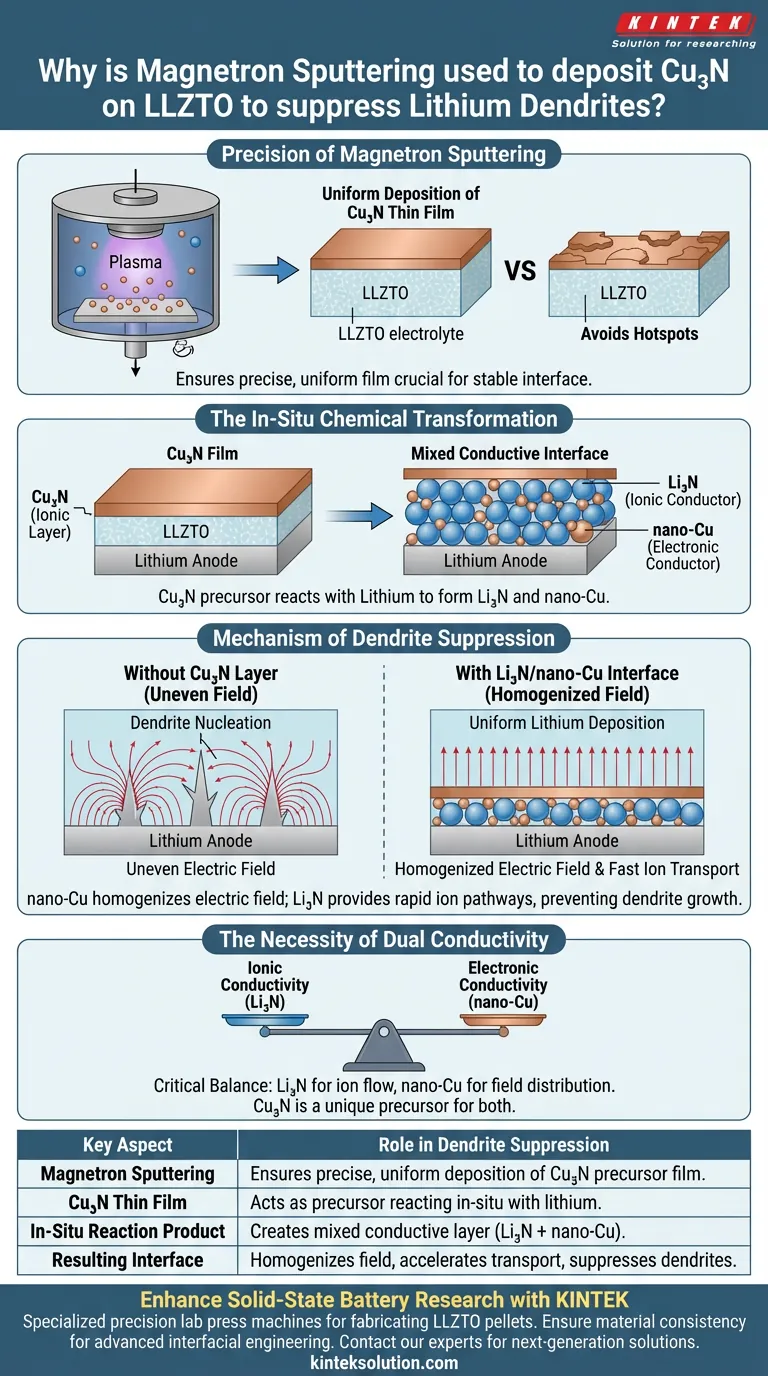 LLZTO上にCu₃Nを析出させるためにマグネトロンスパッタリングが使用されるのはなぜですか？デンドライトフリーの全固体電池を実現する ビジュアルガイド