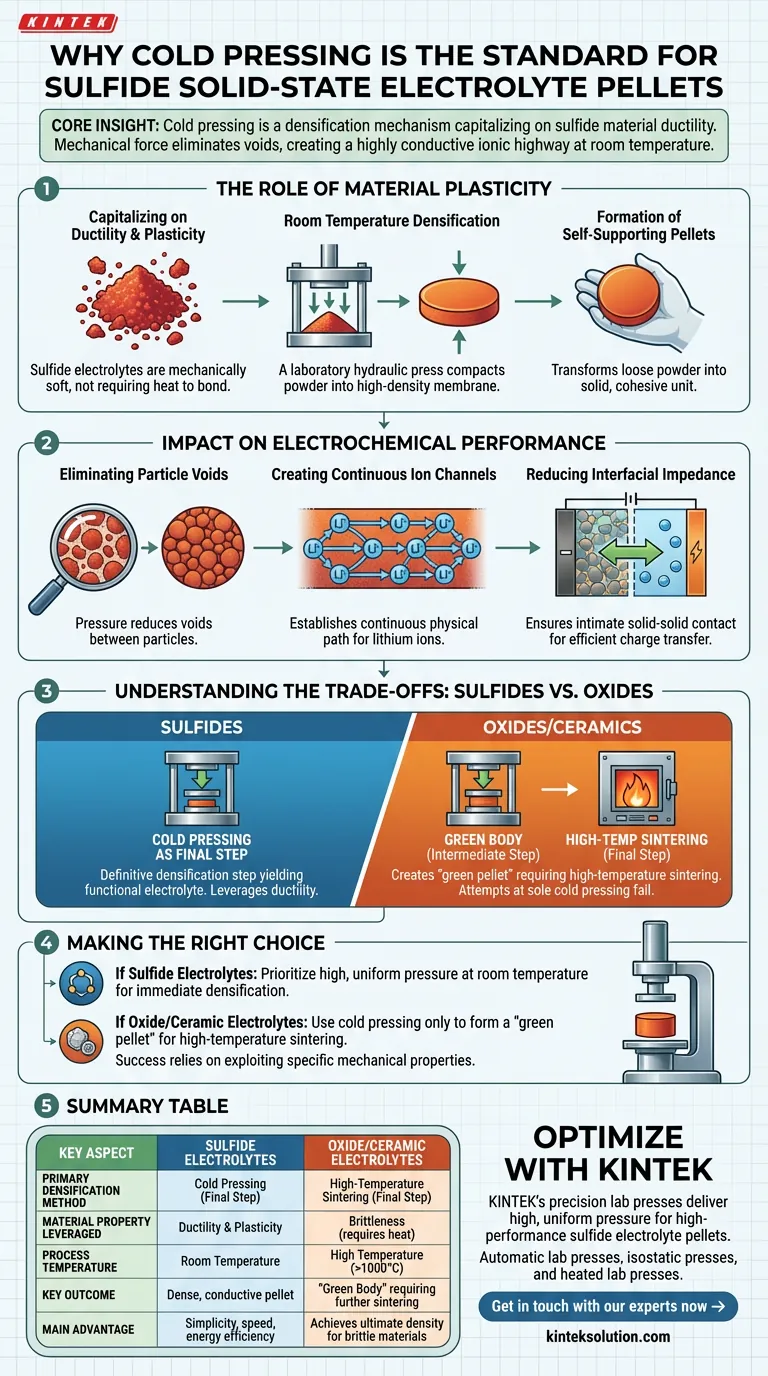 Perché il processo di pressatura a freddo è comunemente utilizzato per preparare pellet di elettroliti solidi solfuri? Sfruttare la duttilità del materiale per una conduttività ionica superiore Guida Visiva