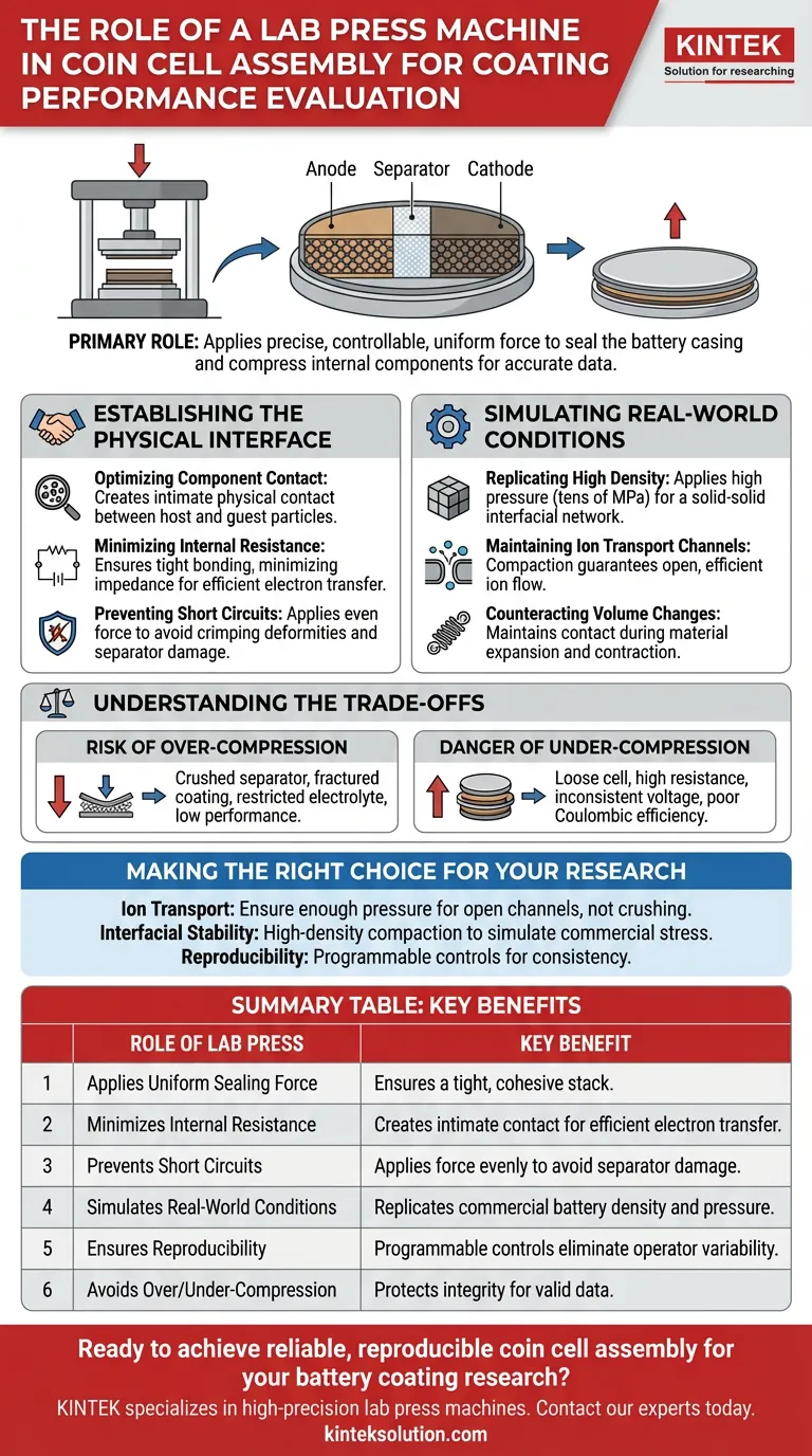 Qual è il ruolo di una pressa da laboratorio nell'assemblaggio di celle a bottone per la valutazione delle prestazioni del rivestimento? Garantire test accurati sui materiali delle batterie Guida Visiva