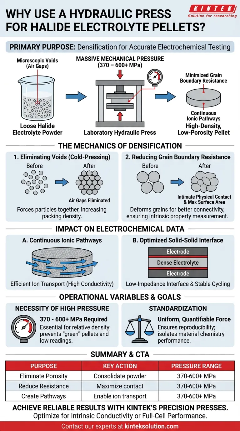 電気化学的試験の前に、ハロゲン化物電解質粉末をペレットに成形するために実験室用油圧プレスを使用する主な目的は何ですか？正確なイオン伝導率測定の実現 ビジュアルガイド