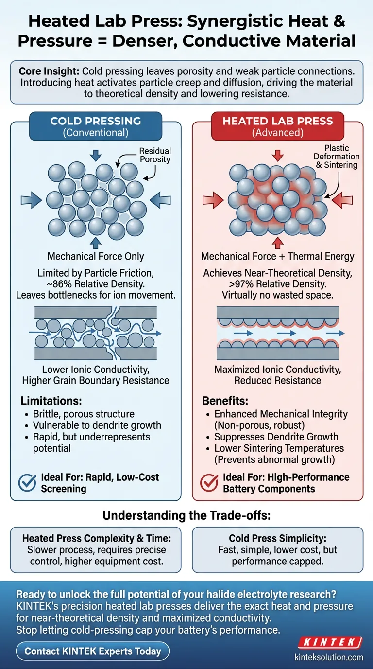 Quais são as vantagens de usar uma prensa de laboratório aquecida para preparar separadores de eletrólitos de haleto? Alcançar a Máxima Condutividade Iônica Guia Visual
