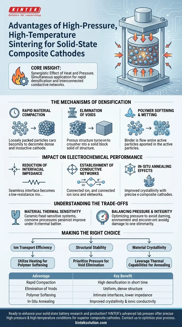 Quali sono i vantaggi dell'utilizzo di una pressa per sinterizzazione ad alta pressione e alta temperatura? Ottenere una densificazione superiore per i catodi a stato solido delle batterie Guida Visiva