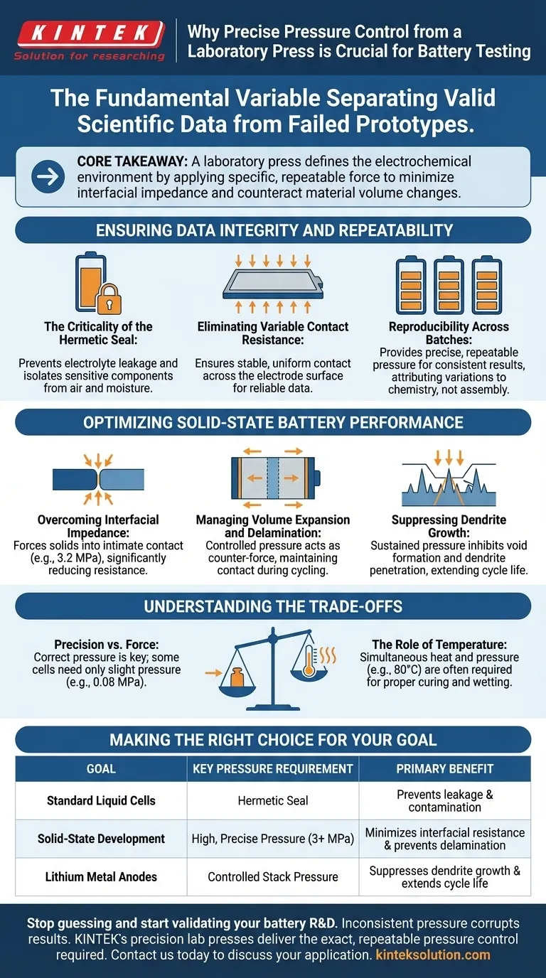 Por que o controle preciso da pressão de uma prensa de laboratório é crucial na montagem de baterias para testes? Garanta Dados Eletroquímicos Válidos Guia Visual