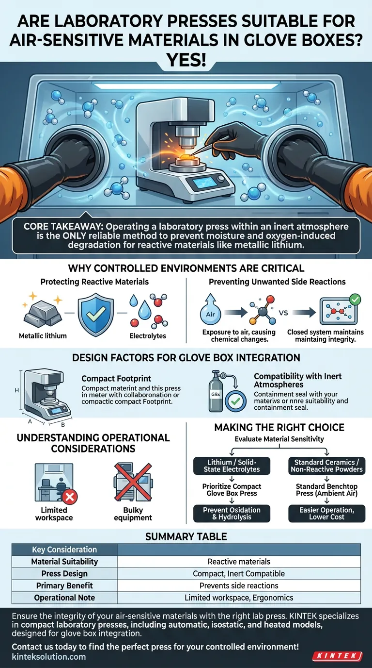 Le presse da laboratorio sono adatte per la lavorazione di materiali sensibili all'aria all'interno di una glove box? Garantire l'integrità del materiale con la pressatura in atmosfera inerte Guida Visiva