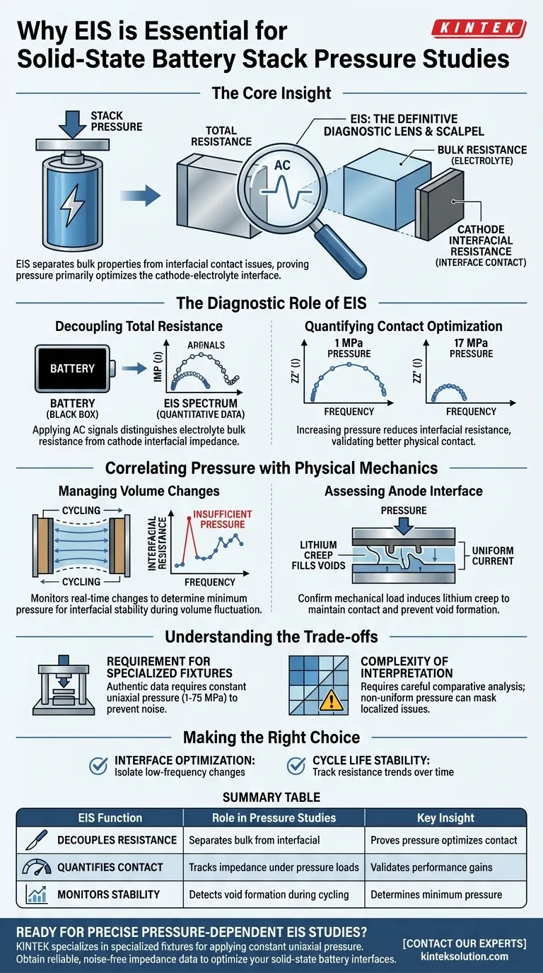 Perché una funzione EIS è essenziale quando si studia la pressione dello stack nelle batterie allo stato solido? Decodificare la resistenza interfasciale Guida Visiva