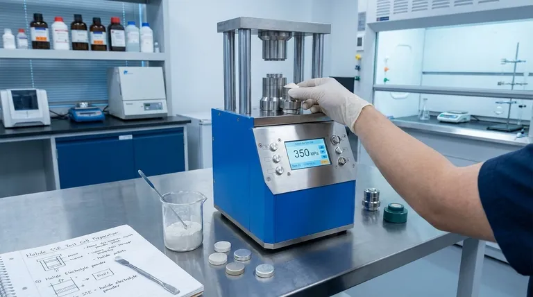 Perché una pressa idraulica da laboratorio è essenziale per la preparazione di celle di prova per elettroliti allo stato solido (SSE) alogenuri mediante pressatura a freddo? Ottenere pellet densi e ad alte prestazioni