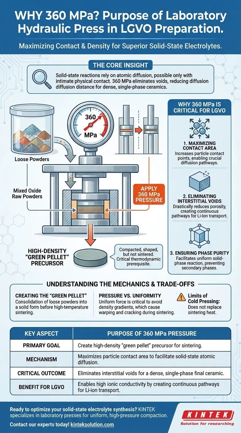 LGVO固体電解質前駆体の作製において、実験室用油圧プレスで360 MPaの圧力を印加する目的は何ですか？最適な密度とイオン伝導率の達成 ビジュアルガイド