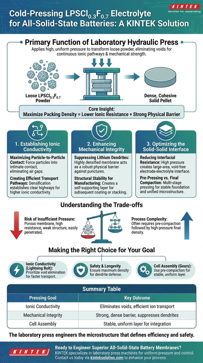 Qual è lo scopo dell'utilizzo di una pressa idraulica da laboratorio per la pressatura a freddo della polvere di elettrolita LPSCl₀.₃F₀.₇? Ingegnerizzare membrane per batterie dense e ad alte prestazioni Guida Visiva