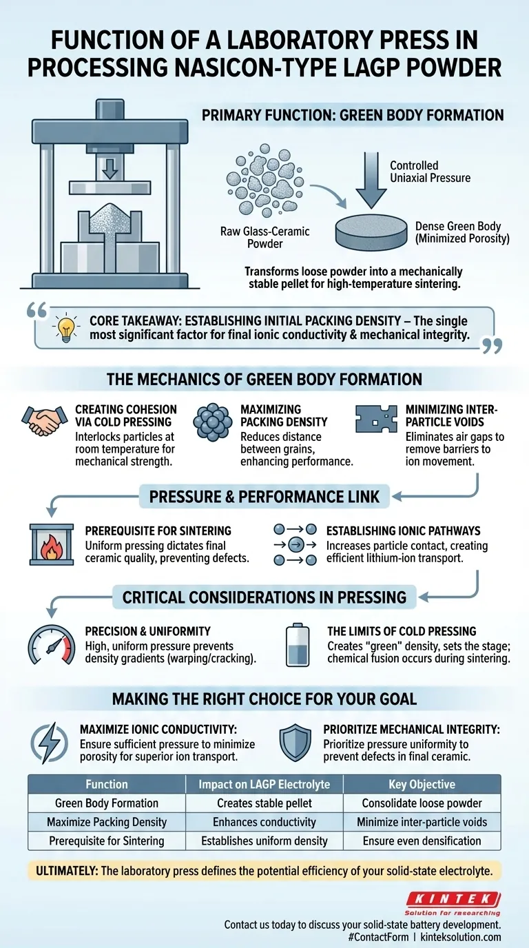 Qual é a função de uma prensa de laboratório no processamento do pó de eletrólito sólido do tipo NASICON LAGP? Guia Visual