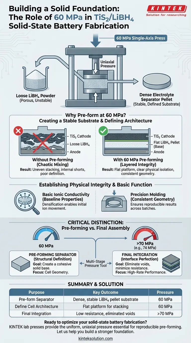 純粋なLiBH₄粉末を60 MPaで単軸プレスで圧縮する目的は何ですか？全固体電池の安定した基盤を構築する ビジュアルガイド