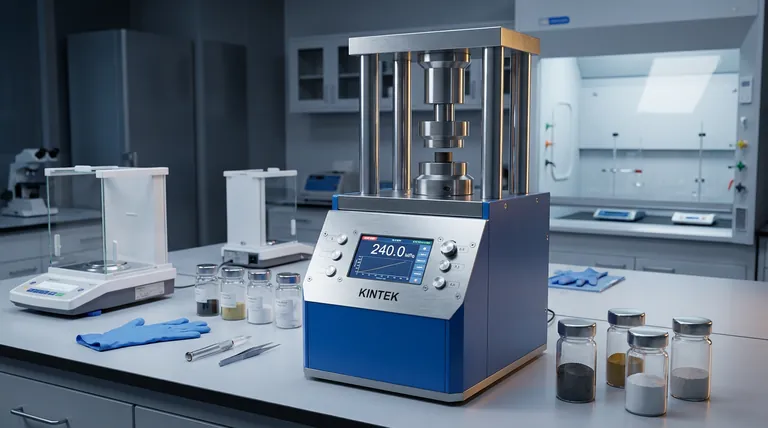 Por que uma alta pressão de 240 MPa é aplicada por uma prensa hidráulica de laboratório ao formar o pellet de dupla camada para uma bateria de estado sólido TiS₂/LiBH₄?