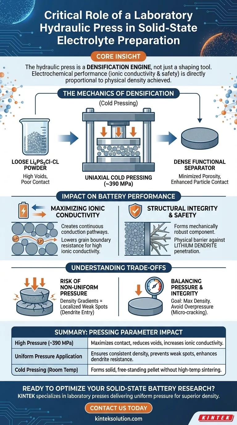 Qual è il ruolo critico di una pressa idraulica da laboratorio nella preparazione di separatori di elettroliti allo stato solido da polvere di Li₆PS₅Cl-CL? Densificare la polvere per batterie ad alte prestazioni Guida Visiva