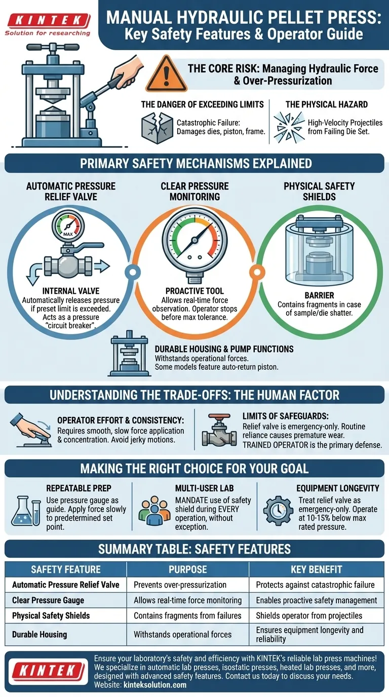 What safety features are included in manual hydraulic pellet presses? Essential Mechanisms for Operator and Equipment Protection Visual Guide