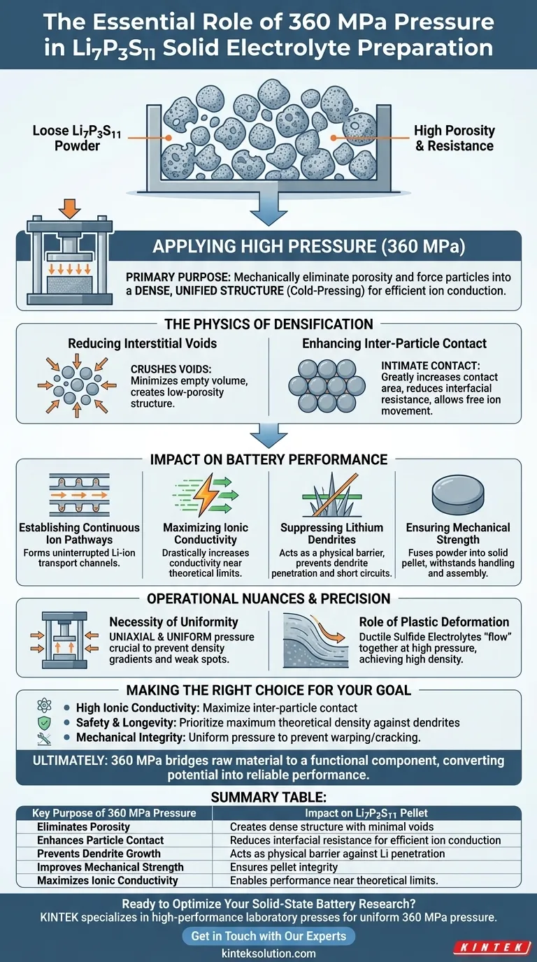 リチウムイオン電池用全固体電解質ペレット（Li7P3S11）の作製において、実験用プレス機で360 MPaのような高圧を印加する目的は何ですか？ 高密度・高性能全固体電池の実現 ビジュアルガイド