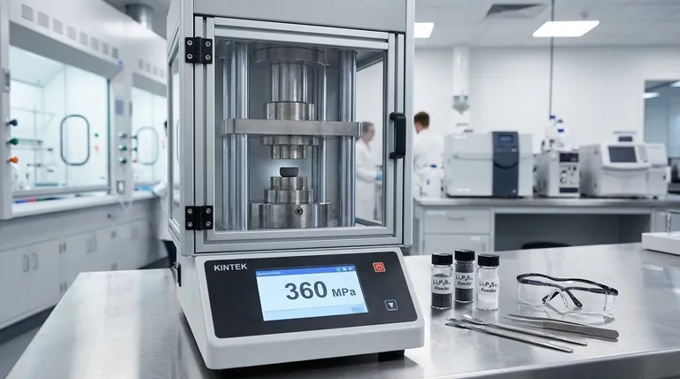 リチウムイオン電池用全固体電解質ペレット(Li7P3S11)の作製において、実験用プレス機で360 MPaのような高圧を印加する目的は何ですか? 高密度・高性能全固体電池の実現