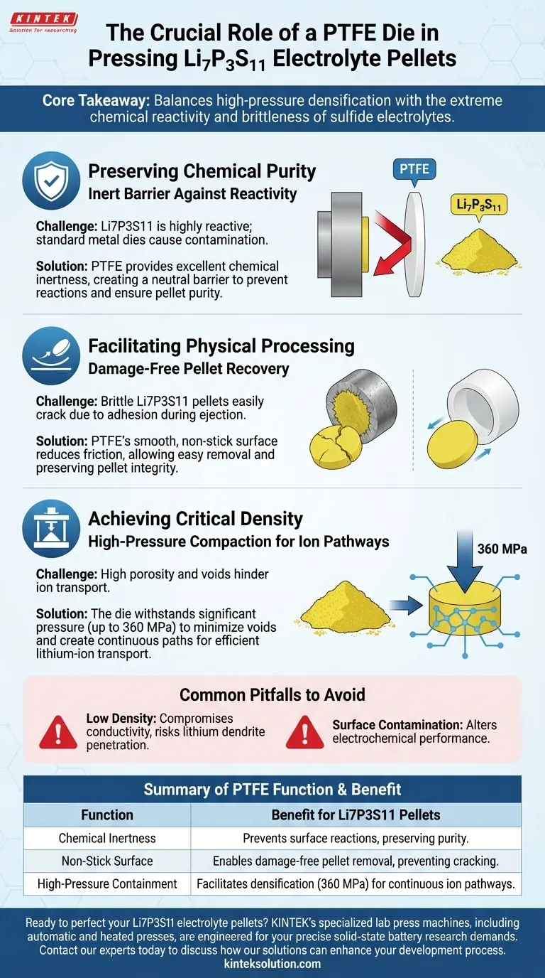 Li7P3S11電解質ペレットのプレスにおけるPTFEダイの機能とは？全固体電池研究における純度と完全性を確保する ビジュアルガイド