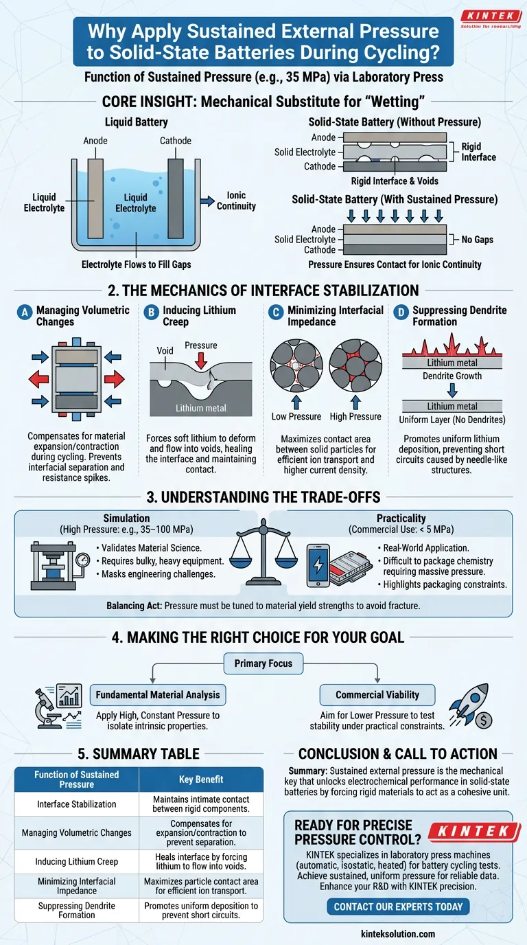 固体電池のサイクルテスト中に、ラボプレスのような35 MPaの持続的な外部圧力を印加する機能は何ですか？バッテリー性能を解き放つ ビジュアルガイド