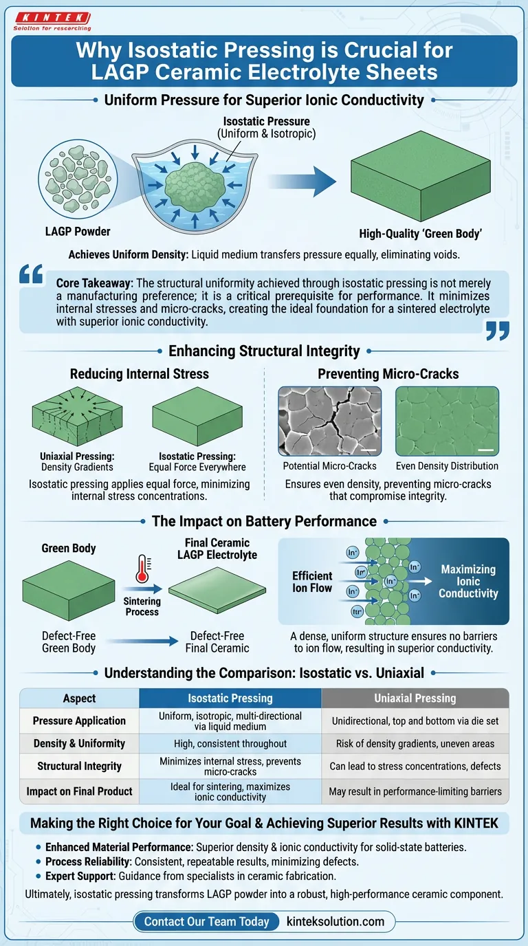 Perché viene utilizzata una pressa isostatica per formare fogli di elettrolita ceramico LAGP dalla polvere? Guida Visiva