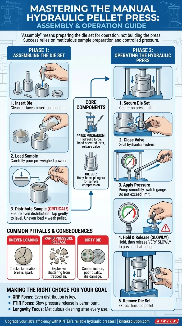 手動油圧ペレットプレスの組み立て手順は何ですか？正確なラボ結果のためのマスターサンプル調製 ビジュアルガイド