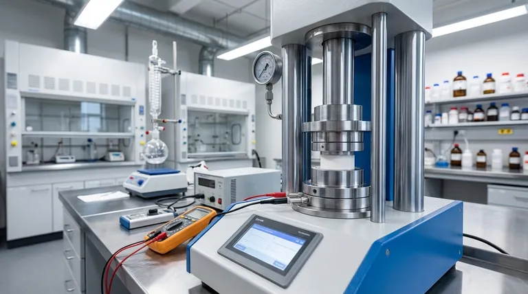 固体電解質粉末のイオン伝導度を試験する際に、プレス装置で一定の圧力を印加・維持する必要があるのはなぜですか?