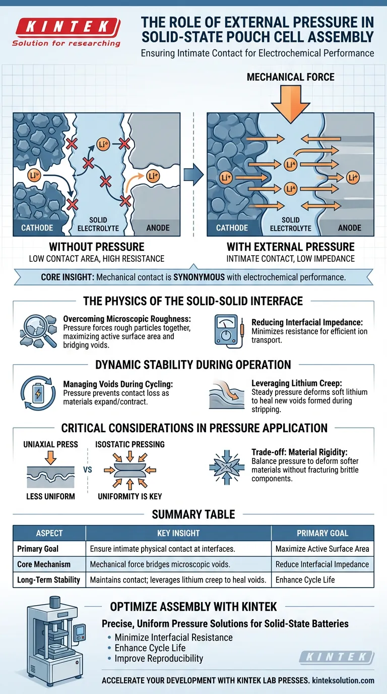 全固体電池のパウチセル組み立て時に外部圧力を印加する主な目的は何ですか？ 密着性を確保し、高性能を実現するため ビジュアルガイド