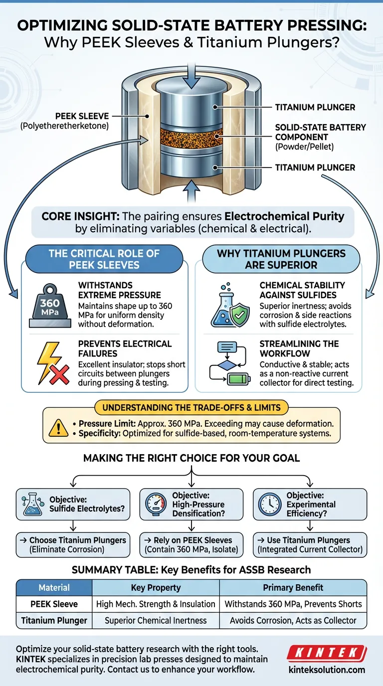 全固体電池のプレス加工において、PEEKスリーブとチタン製プランジャーが推奨されるのはなぜですか？電気化学的純度を確保するため ビジュアルガイド