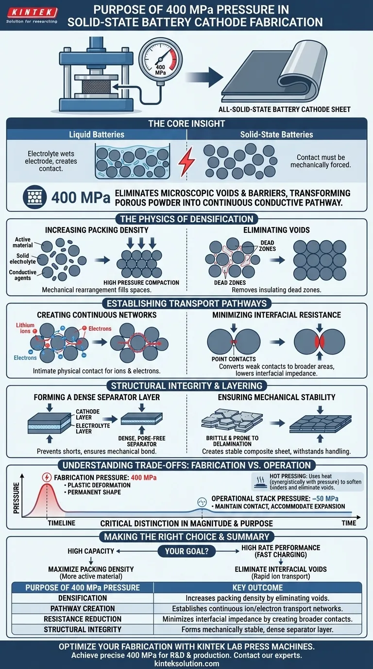 Qual è lo scopo dell'applicazione di un'alta pressione di 400 MPa utilizzando una pressa da laboratorio nella fabbricazione a secco di un foglio catodico per batterie all-solid-state? | Ottenere una densità superiore dell'elettrodo Guida Visiva