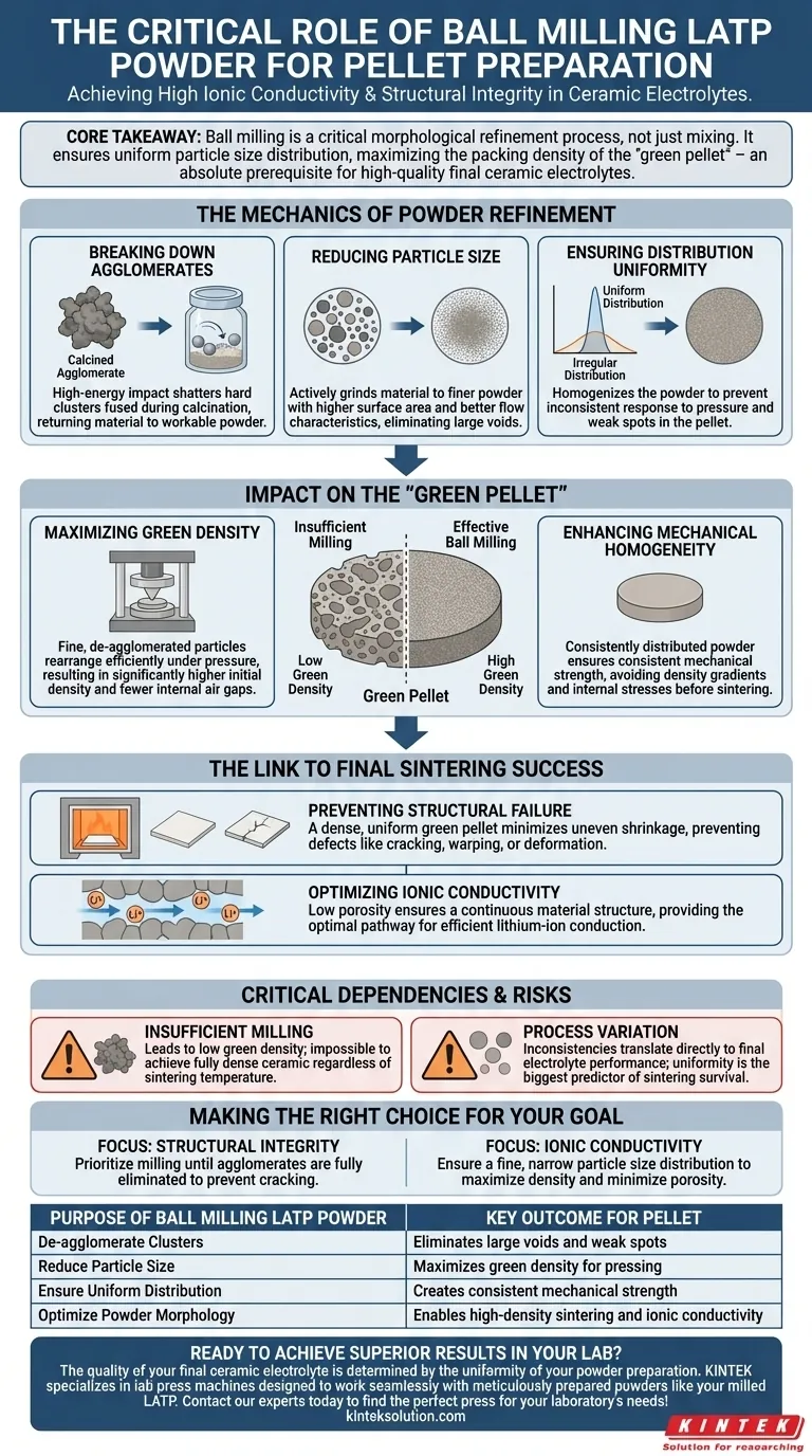 Qual é o propósito de usar um moinho de bolas para processar o pó de LATP calcinado antes de ser prensado em um pellet? Desbloqueie Eletrólitos de Alto Desempenho Guia Visual