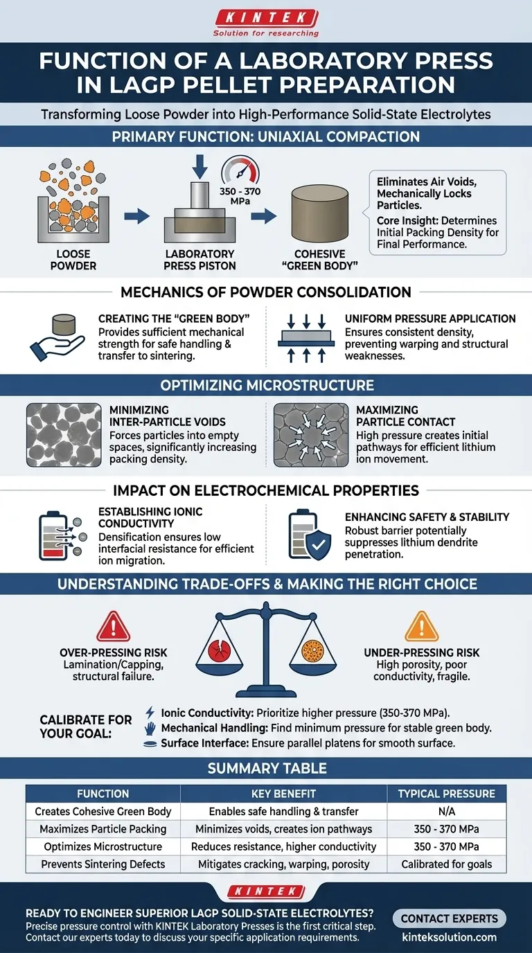 LAGP固体電解質セラミックペレット作製における粉末成形段階での実験室用プレス機の機能は何ですか？高密度で導電性の高いペレットを実現する ビジュアルガイド