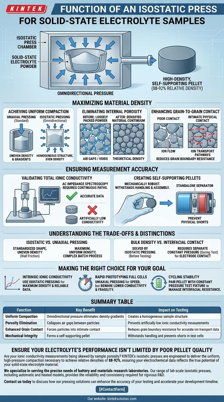 固体電解質サンプルの電気化学的性能試験の準備において、静水圧プレスはどのような役割を果たしますか？正確なイオン伝導率測定を保証する ビジュアルガイド