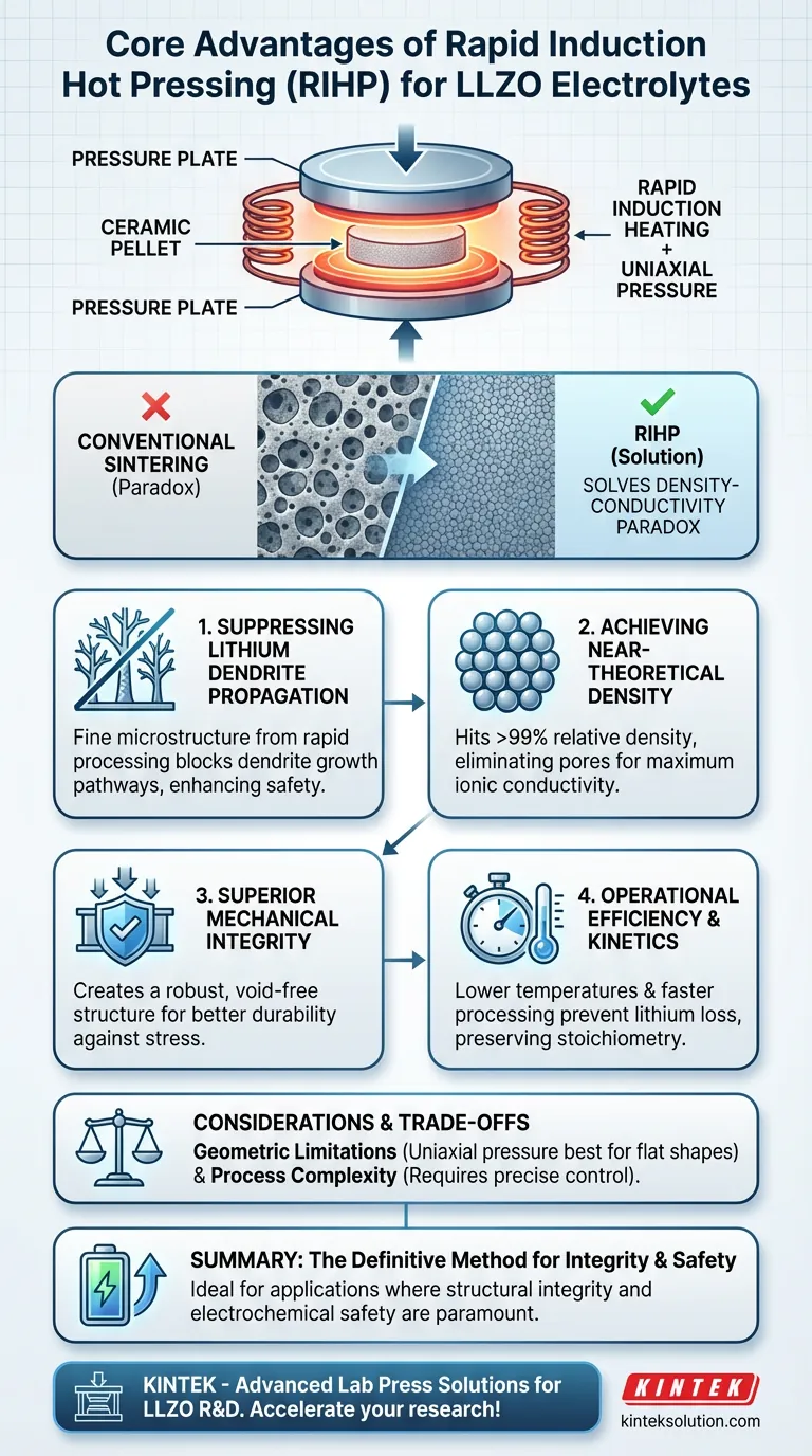 Quali sono i principali vantaggi dell'utilizzo della pressatura a caldo a induzione rapida per LLZO? Ottenere elettroliti allo stato solido densi e sicuri Guida Visiva