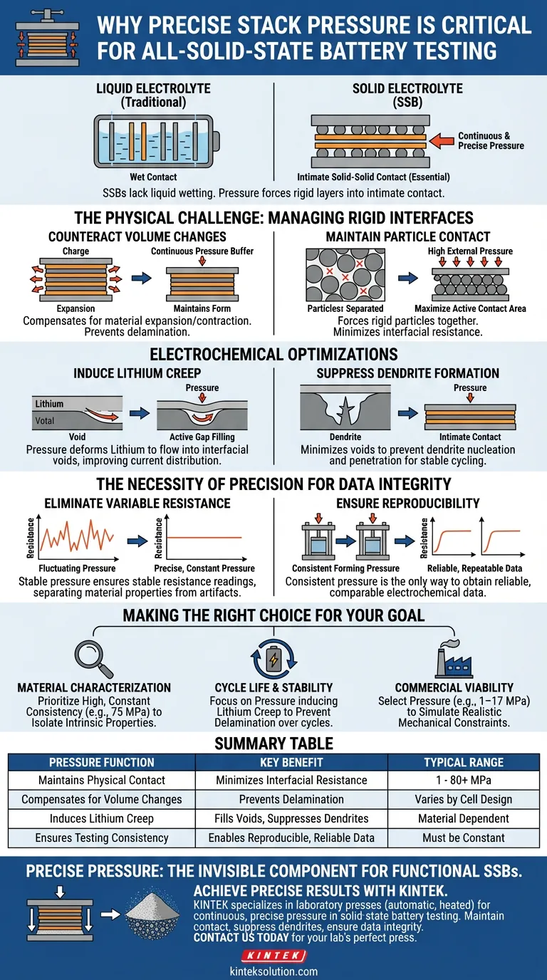 全固体電池の電気化学的性能試験中に、連続的かつ精密なスタック圧を印加する必要があるのはなぜですか？ ビジュアルガイド